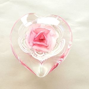 Vintage Heart-shaped Art Glass With Pink Rose and White Swirl, Cottagecore